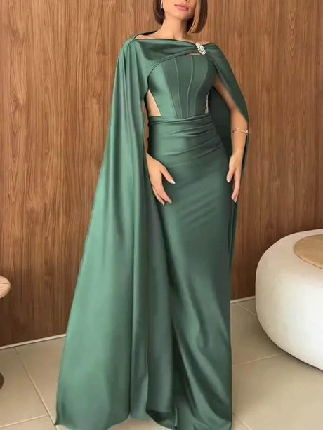 Aurohaya Elegant Strapless Cape Evening Maxi Dress