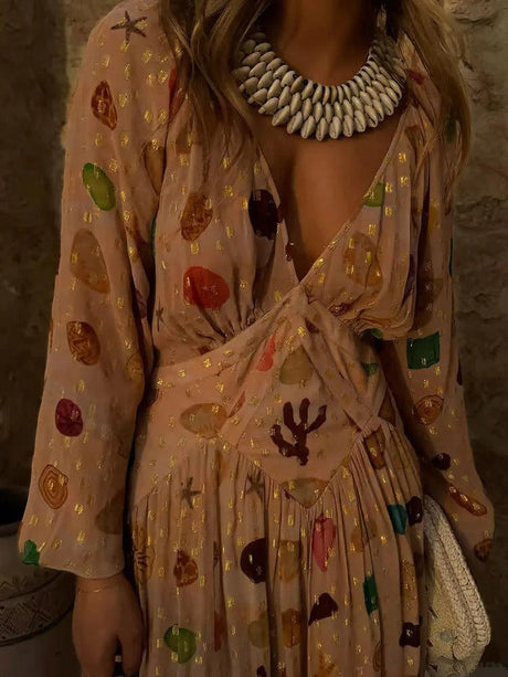 Aurohaya Exquisite Chiffon Shell Print Maxi Dress