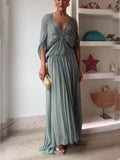 Aurohaya Beautifully Pleated Draped V-Neck Batwing Sleeve Maxi Dress