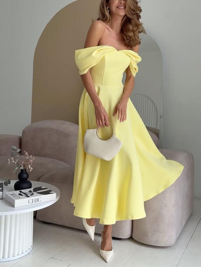 Aurohaya Elegant Off-the-shoulder Draped Maxi Dress Yellow