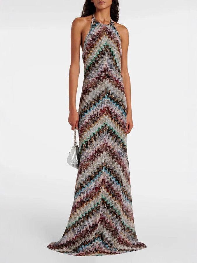 Aurohaya Casual Colorful Striped Knit Halter Neck Maxi Dress