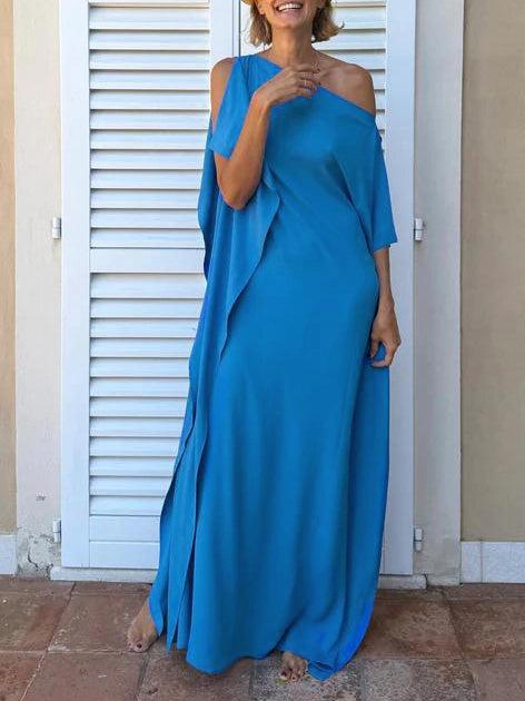 Aurohaya Elegant One-Shoulder Draped Maxi Dress Blue
