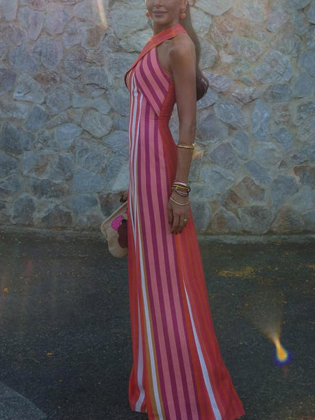 Aurohaya Summer Sunset Samba Cross-Strap Striped Maxi Dress