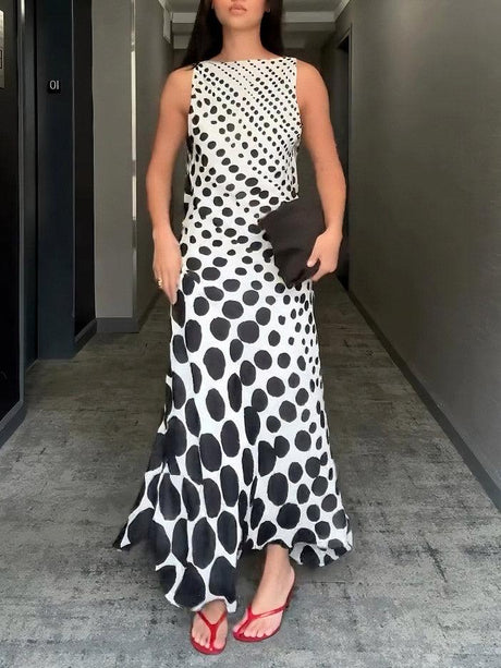 Aurohaya Elegant Gradient Polka Dot Print Backless Maxi Dress