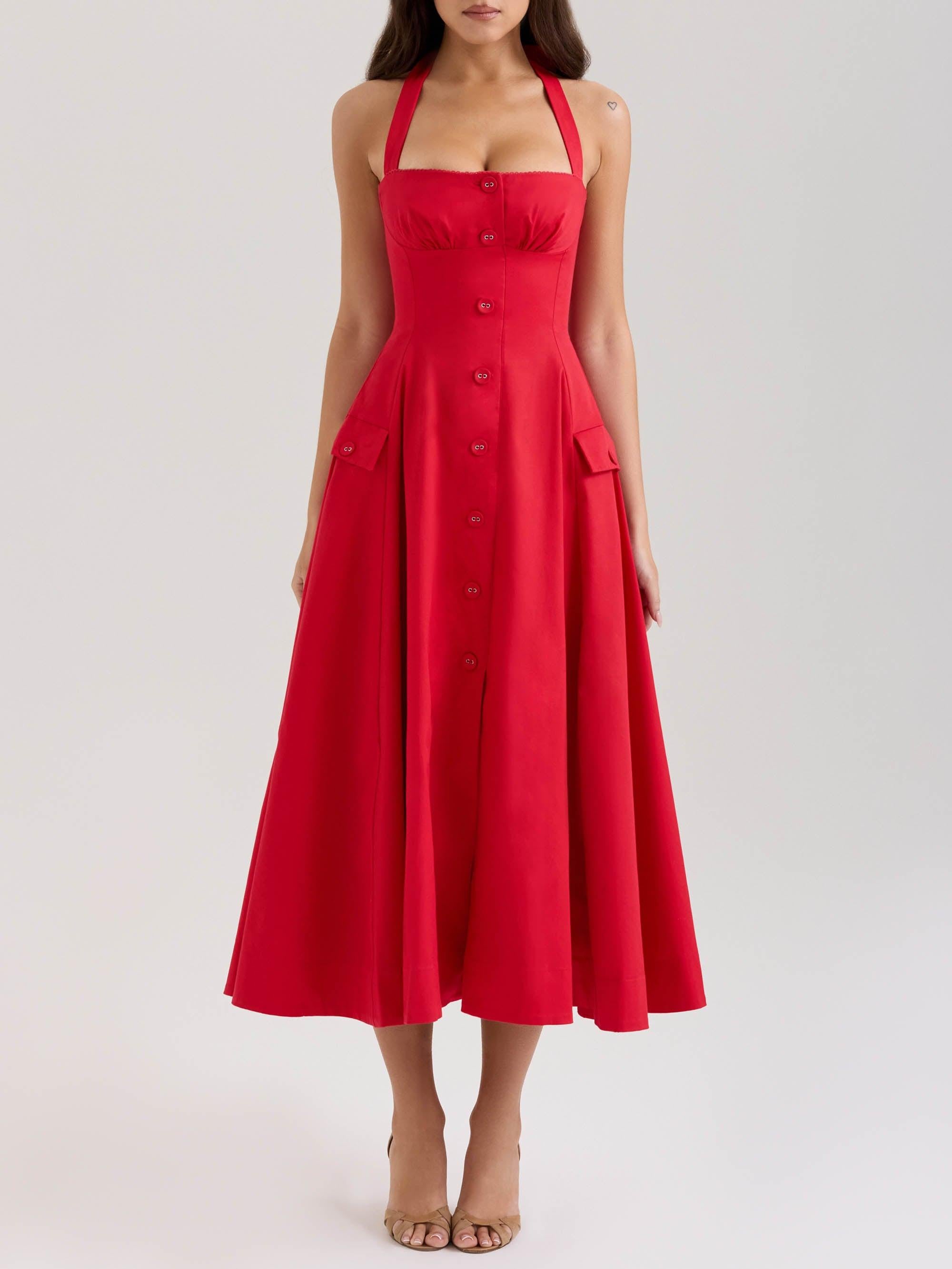 Aurohaya Elegant Square Neck Pleated Button Midi Dress Red