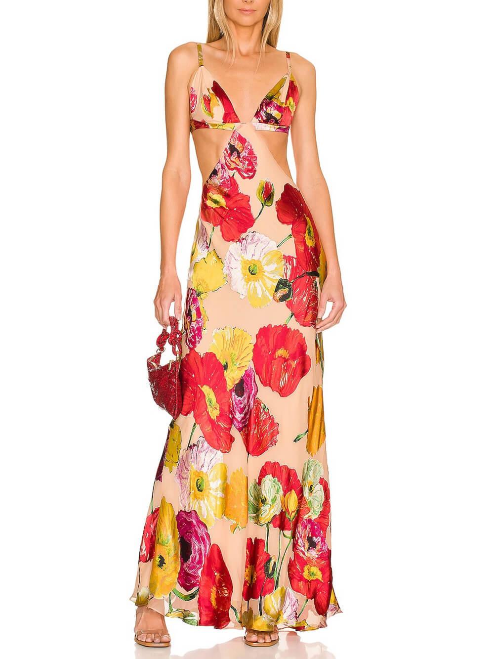 Aurohaya Elegant Floral Print Cutout Backless Maxi Dress Red