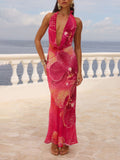 Striking & Seductive: Printed Halter Backless Maxi Dress