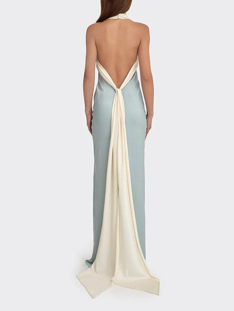 Aurohaya Elegant Satin Contrast Halter Neck Party Maxi Dress