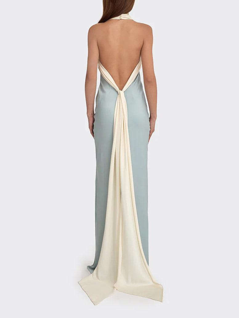 Aurohaya Elegant Satin Contrast Halter Neck Party Maxi Dress