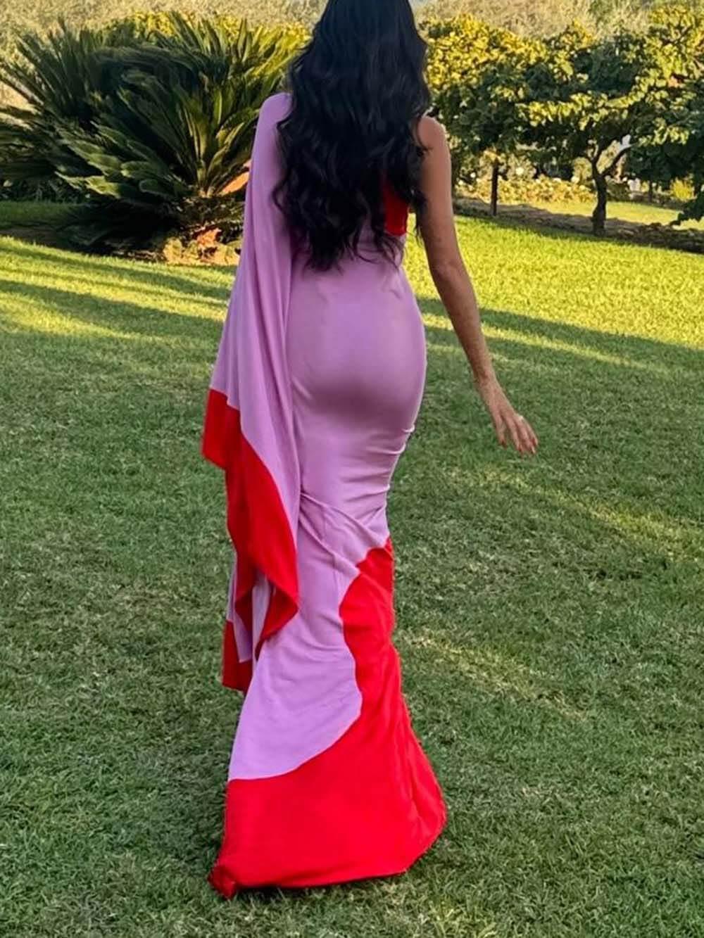 Aurohaya Exquisite One-Shoulder Colorblock Draped Maxi Dress