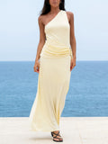 Elegant One-shoulder Sleeve Pleated Maxi Dress