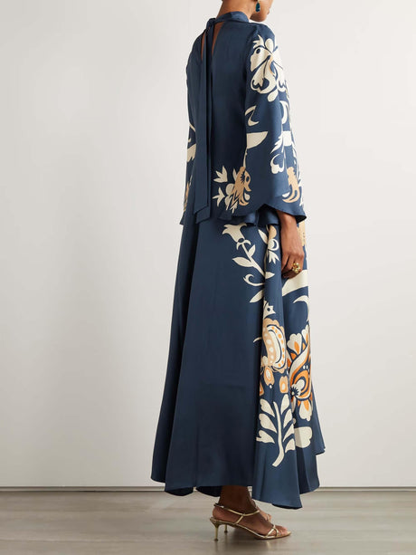 Aurohaya Vintage Floral Print Neckline Flowy Maxi Dress