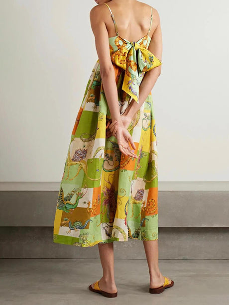 Aurohaya Unique Animal Print Tie Back Pleated Midi Dress