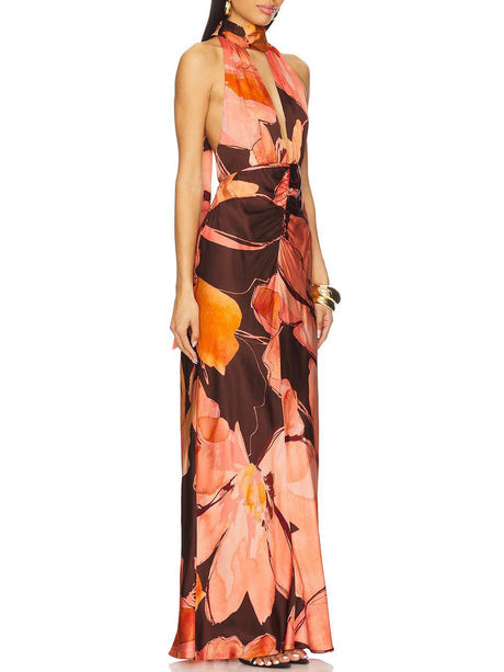 Aurohaya Elegant Halterneck Retro Floral Print Maxi Dress