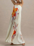 Aurohaya Elegant Sweetheart Orange Floral Print Pleated Maxi Dress