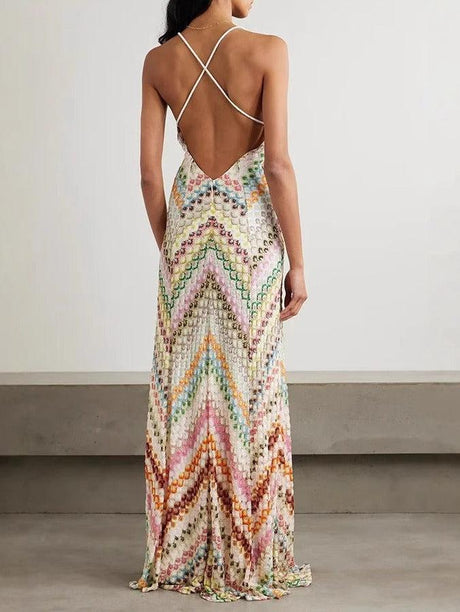 Aurohaya Unique Knit Colorful Herringbone Open Back Maxi Dress