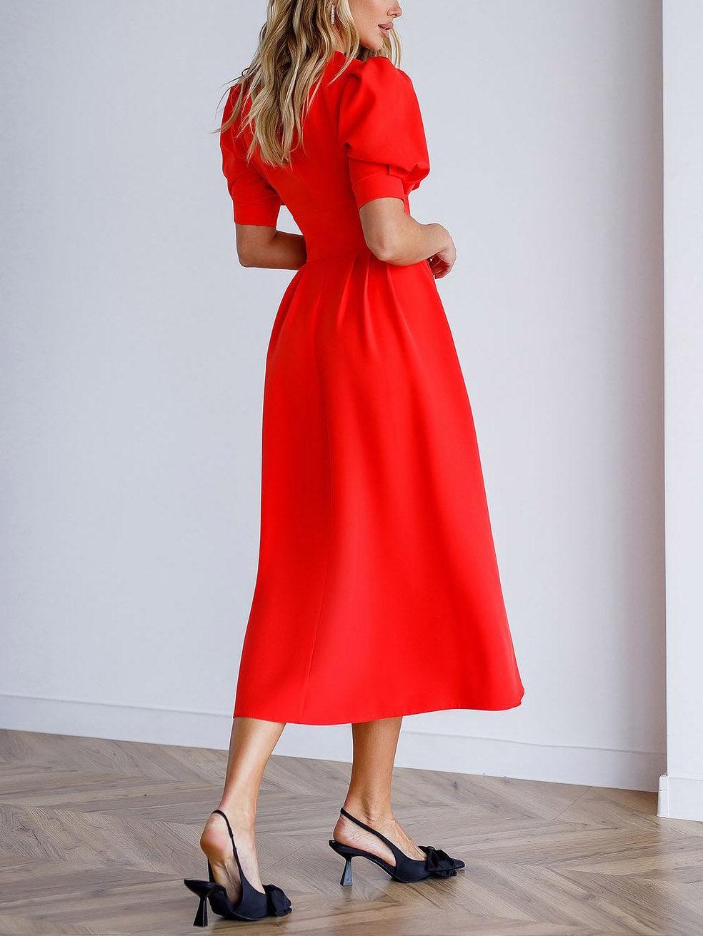 Aurohaya Elegant V-neck Puff Short Sleeve Midi Dress