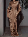Aurohaya Elegant Satin Draped Long-Sleeve Maxi Dress Khaki