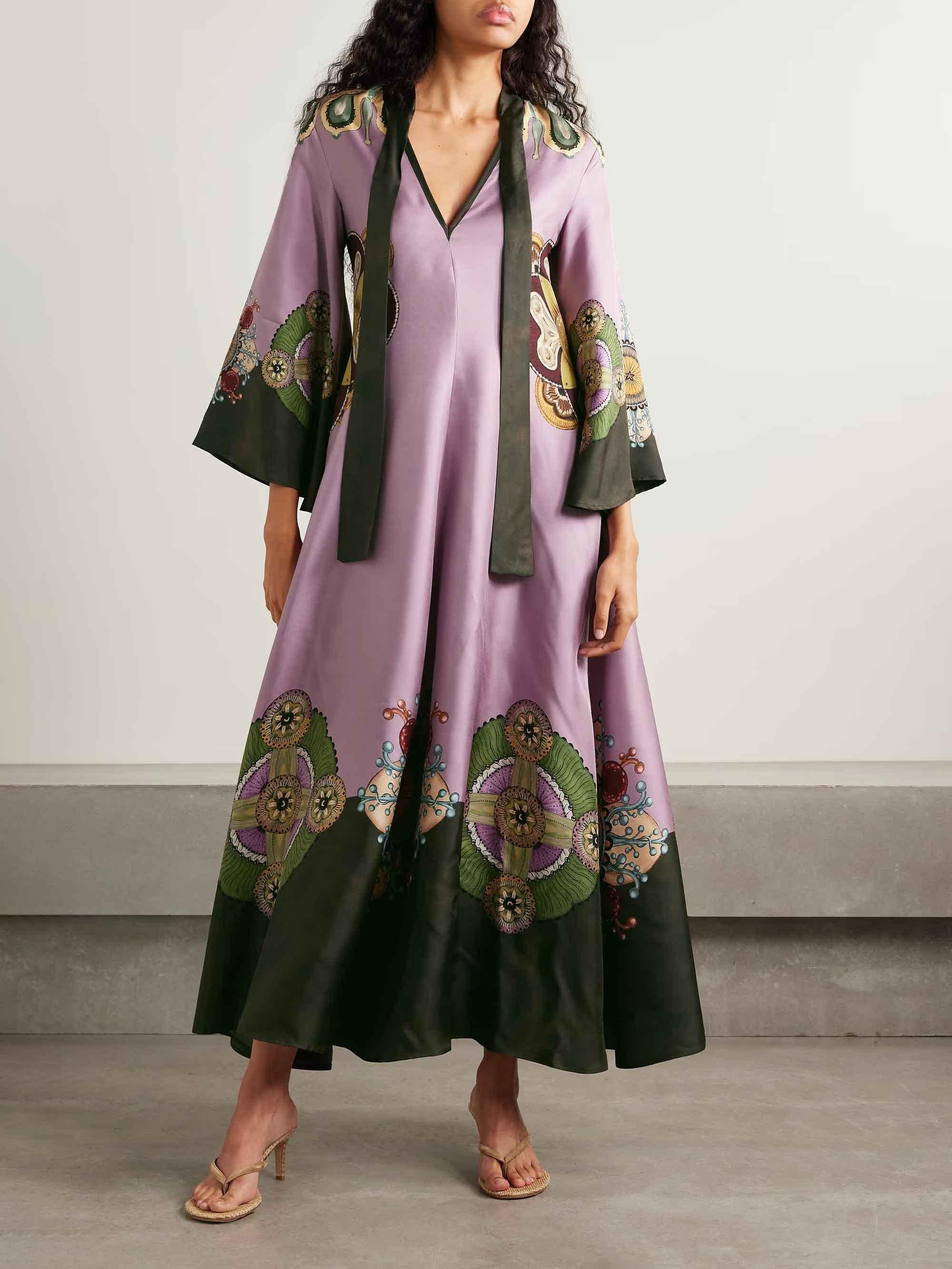 Aurohaya Retro Sophisticated Satin Floral Print Maxi Dress Purple