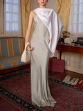 Elegant Open Back Contrast Satin Draped Maxi Dress