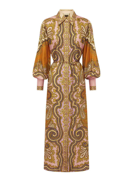 Aurohaya Exquisite Satin Unique Paisley Print Button Maxi Dress