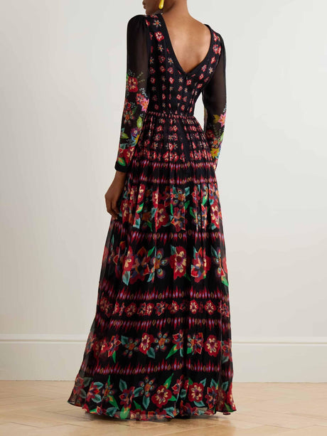 Aurohaya Exquisite Floral Print Pleated Maxi Dress