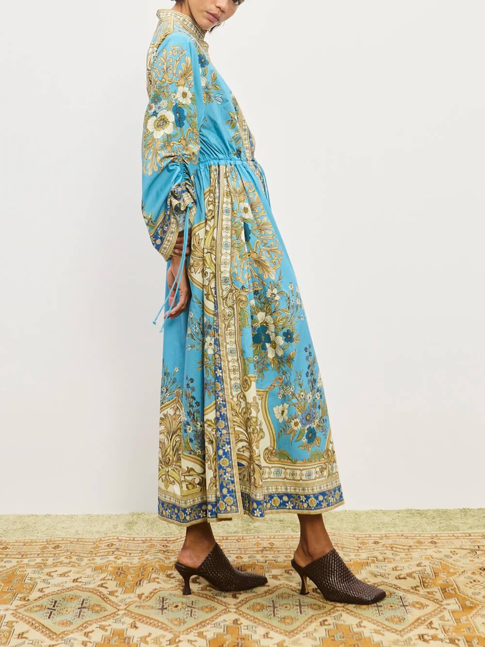 Aurohaya Unique Effortless Floral Print Cuffs Waist Drawstring Loose Shirt Silhouette Dress