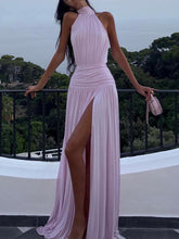 Aurohaya Fashion Halter Neck Pleated Slit Maxi Dress Pink