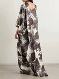 Elegant Satin Feather Print Batwing Sleeve Maxi Dress
