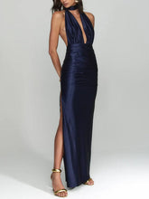 Aurohaya Elegant Halter Neck Satin Backless Maxi Dress Dark Blue