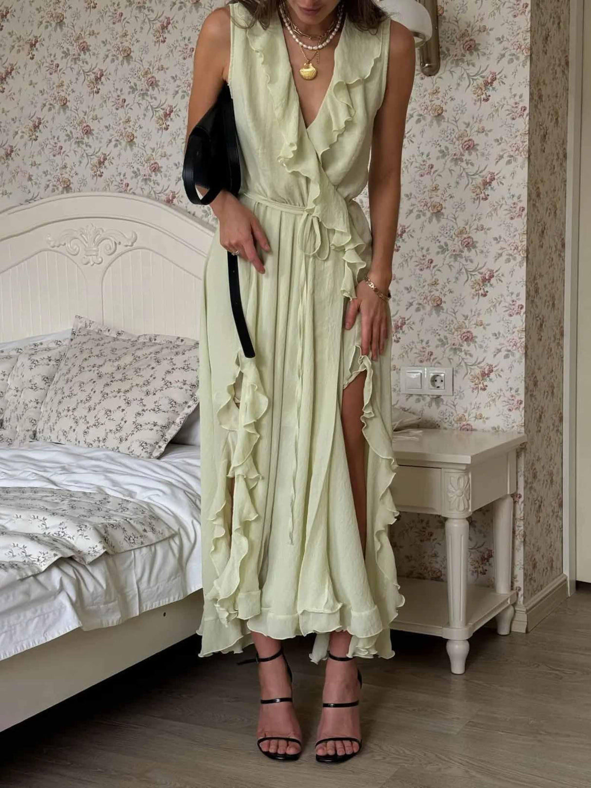 Aurohaya Elegant Ruffled V-Neck High-Slit Maxi Dress