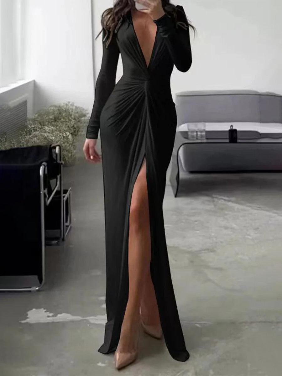 Aurohaya Elegant V-neck Knotted Slit Long-sleeved Knitted Maxi Dress Black