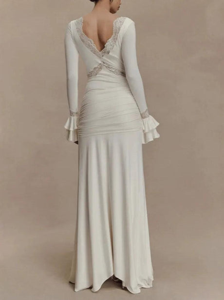 Aurohaya Sexy Lace Panel Trumpet Sleeve Maxi Dress