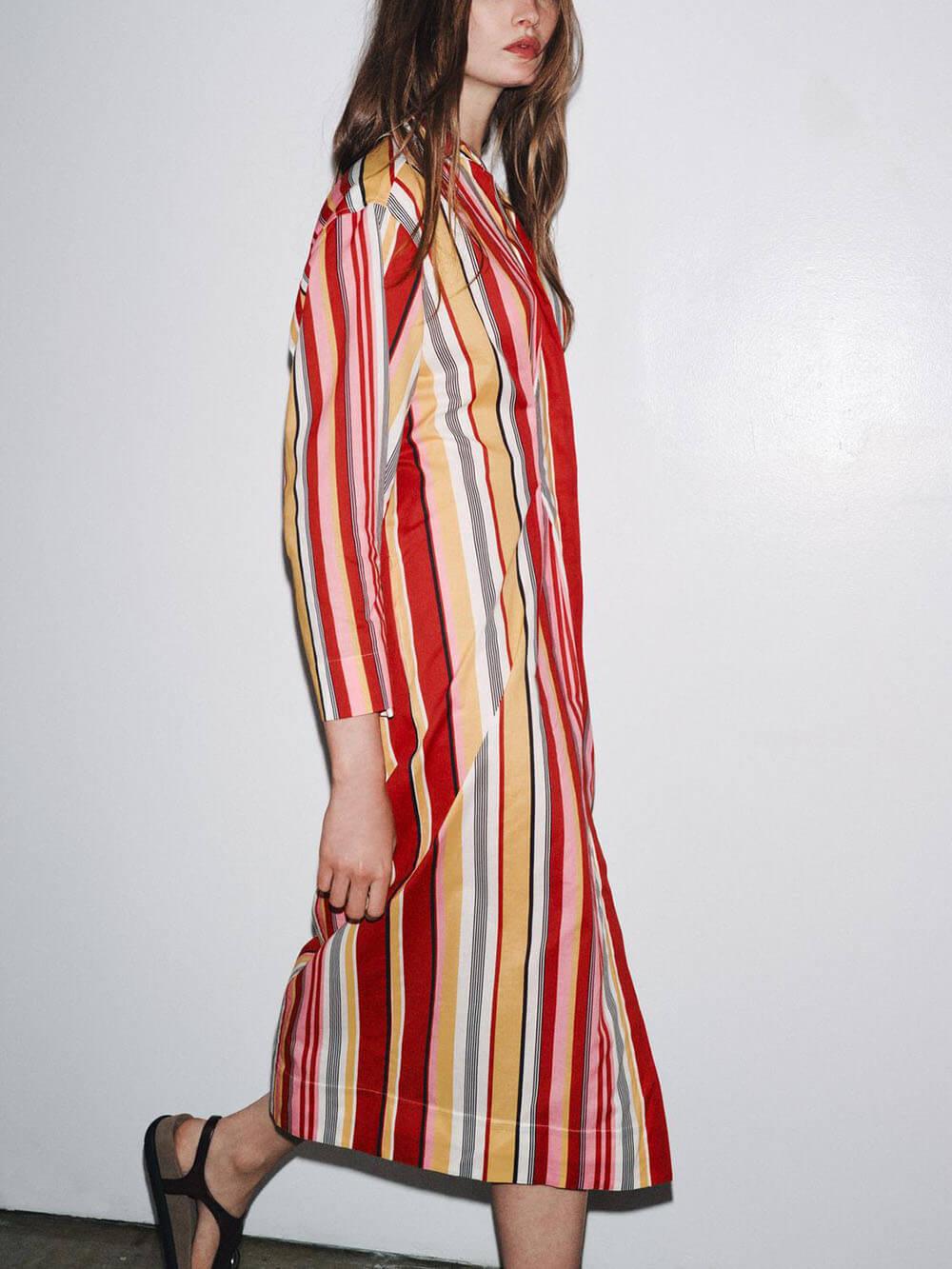 Aurohaya Unique Striped Print Shirt-Style Midi Dress