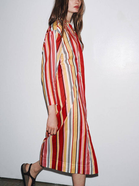 Aurohaya Unique Striped Print Shirt-Style Midi Dress