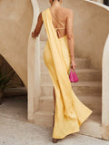 Elegant One-Shoulder Draped Cape Maxi Dress