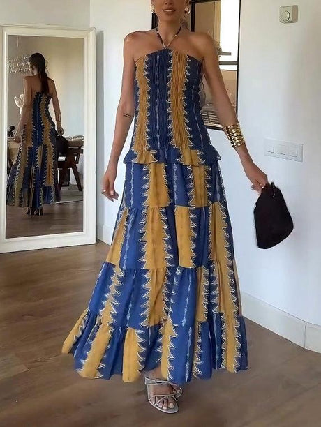 Aurohaya Relaxed Low-rise Floral-print Tiered Maxi Dress Yellow & Blue