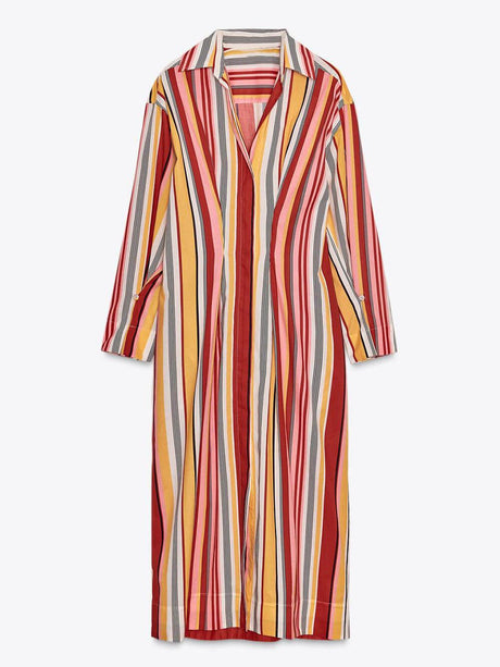 Aurohaya Unique Striped Print Shirt-Style Midi Dress
