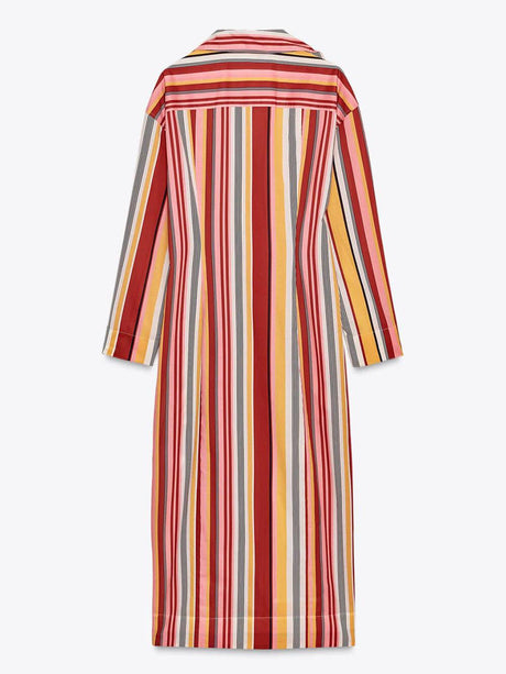 Aurohaya Unique Striped Print Shirt-Style Midi Dress