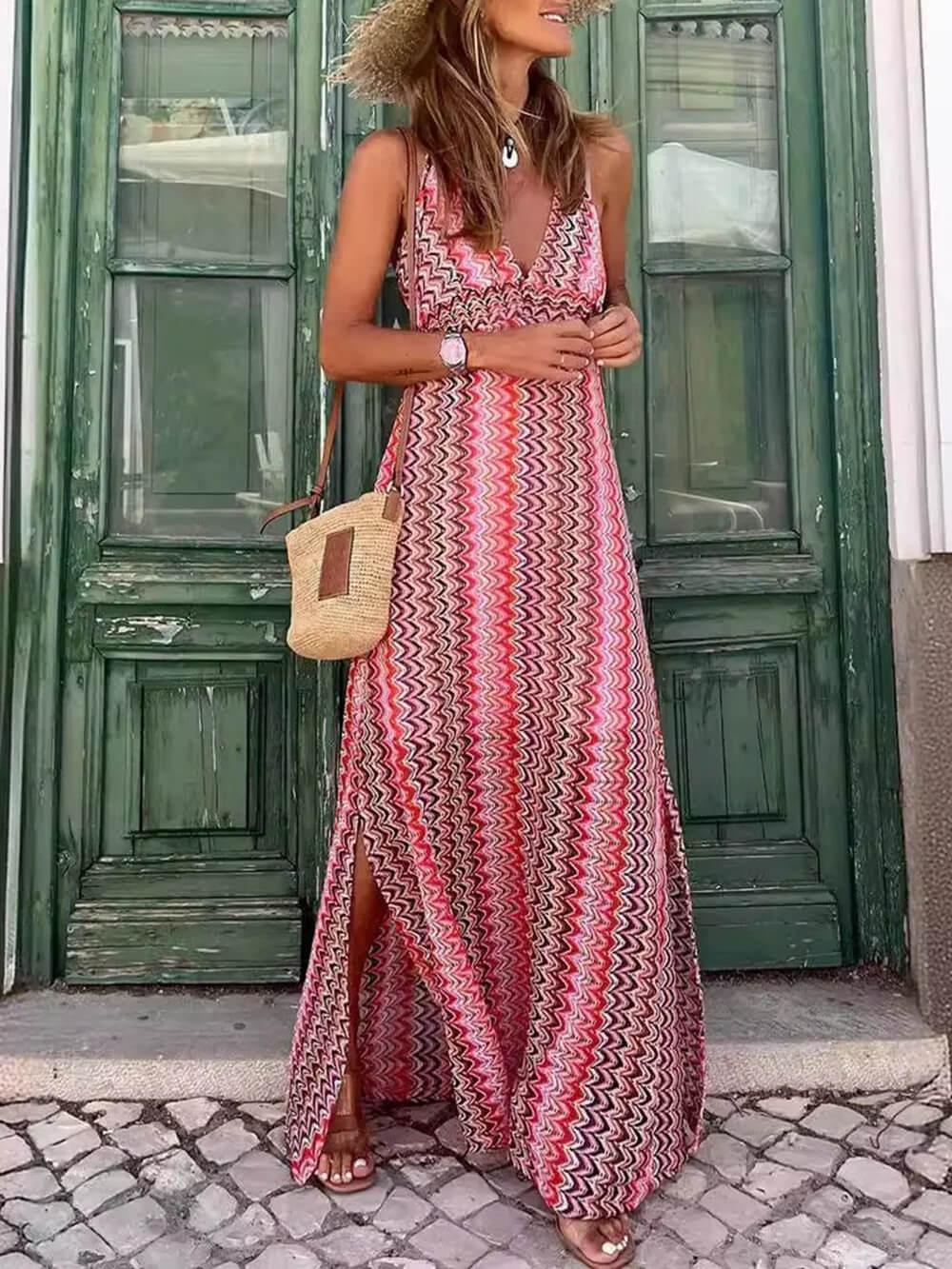Aurohaya Bohemian Print V-Neck Spaghetti Strap Slit Maxi Dress Pink