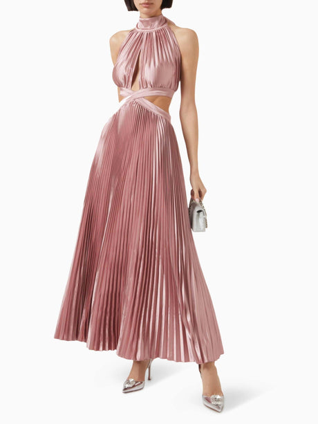 Aurohaya Elegant High-neck Halterneck Satin Pleated Maxi Dress