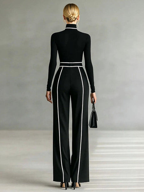 Aurohaya Elegant High Neck Slim Fit Long Sleeve Top Two-Piece Set