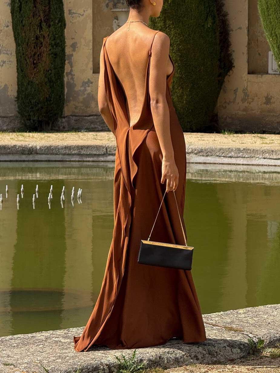 Aurohaya Sexy Elegant Satin Side High Slit Maxi Dress