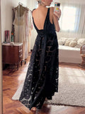 Elegant V-neck Hollow Lace Embroidery A-line Maxi Dress
