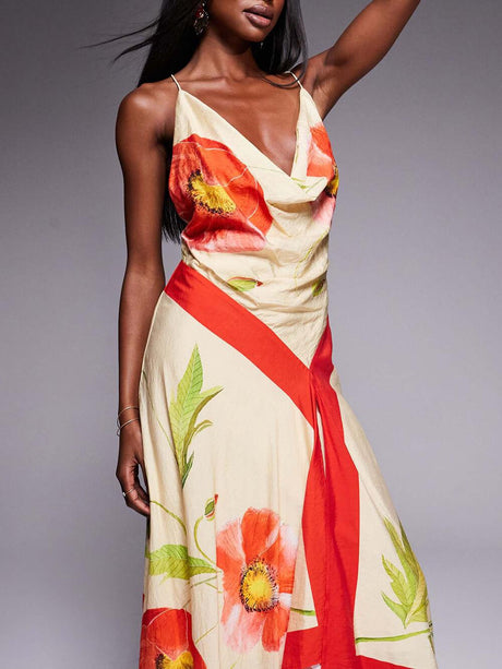 Aurohaya Elegant Unique Print Deep Pleated Asymmetric Backless Maxi Dress