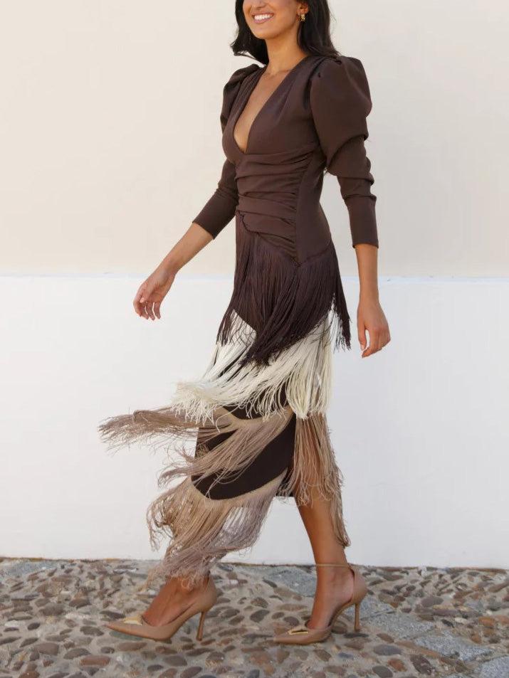 Aurohaya Elegant Contrast Tassel V-Neck Long Sleeve Maxi Dress