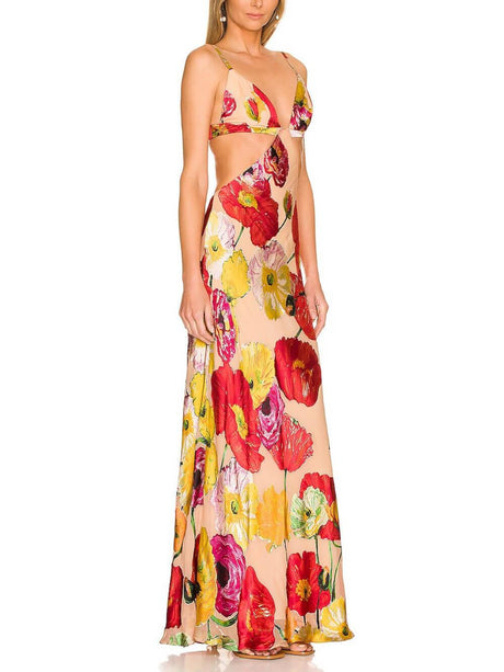 Aurohaya Elegant Floral Print Cutout Backless Maxi Dress