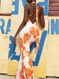 Exquisite Satin Open Back Floral Print Maxi Dress