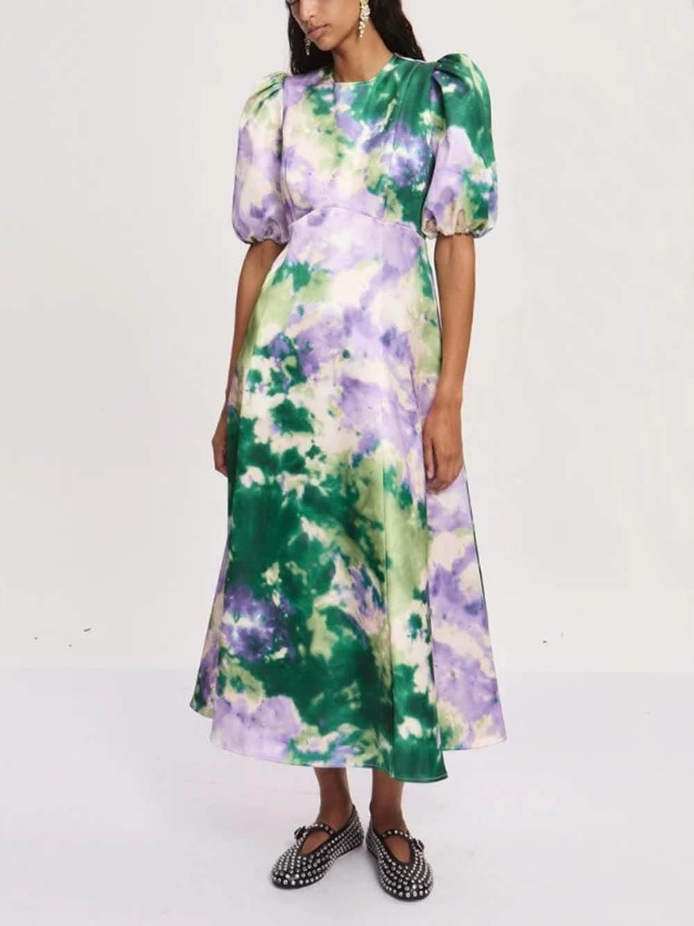 Aurohaya Retro Tie-Dye Puff Sleeve A-Line Maxi Dress