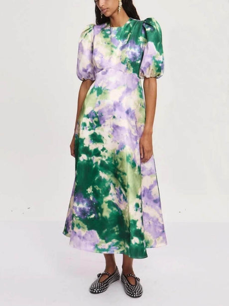 Aurohaya Retro Tie-Dye Puff Sleeve A-Line Maxi Dress